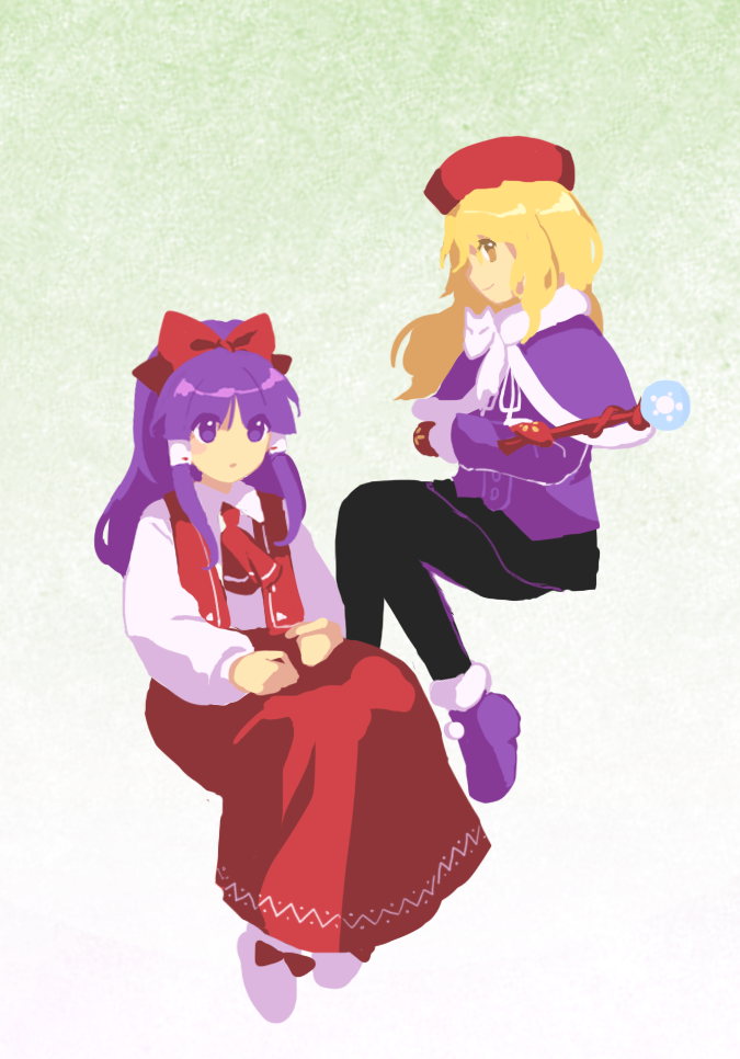 2girls adapted_costume ascot black_pants blonde_hair bow capelet collared_shirt commentary_request crossed_arms crossed_legs flat_chest footwear_bow fur-trimmed_capelet fur-trimmed_footwear fur_trim hair_ribbon hair_tubes hakurei_reimu hakurei_reimu_(pc-98) holding holding_wand invisible_chair kaigen_1025 kirisame_marisa kirisame_marisa_(pc-98) long_hair long_skirt long_sleeves multiple_girls neck_ribbon open_clothes open_vest pants parted_lips purple_capelet purple_footwear purple_hair purple_shirt red_ascot red_bow red_headwear red_skirt red_vest ribbon shirt sitting skirt touhou touhou_(pc-98) vest violet_eyes wand white_footwear white_ribbon white_shirt