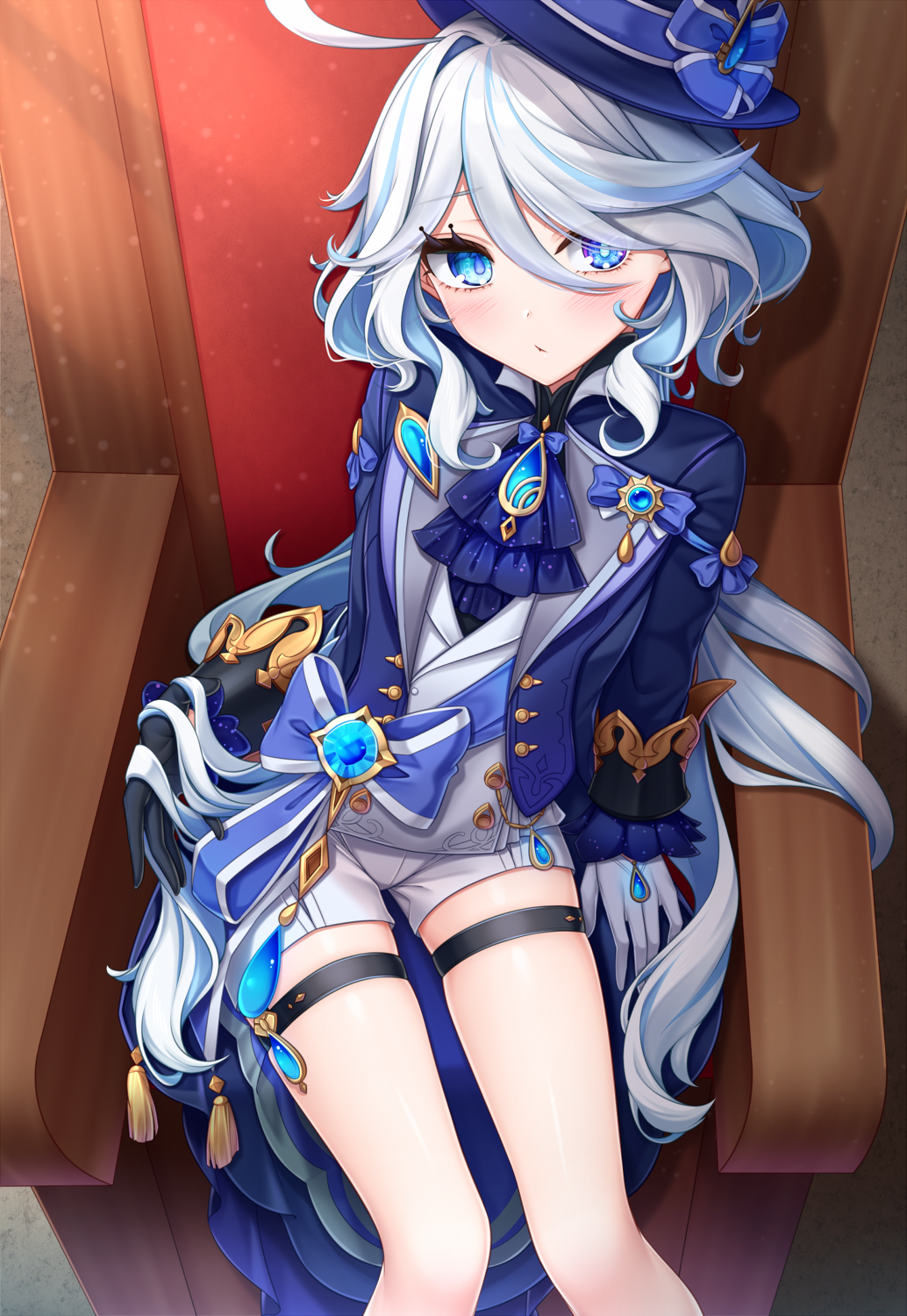 1girl ahoge asymmetrical_gloves black_gloves blue_eyes blue_hair blue_headwear blue_jacket blush closed_mouth commentary_request feet_out_of_frame furina_(genshin_impact) genshin_impact gloves grey_hair grey_vest hair_intakes hair_over_one_eye highres jacket knees_together_feet_apart long_hair long_sleeves looking_at_viewer mismatched_gloves multicolored_hair open_clothes open_jacket short_shorts shorts sitting skindentation solo streaked_hair thigh_strap throne tilted_headwear very_long_hair vest white_gloves white_shorts yoye_(pastel_white)