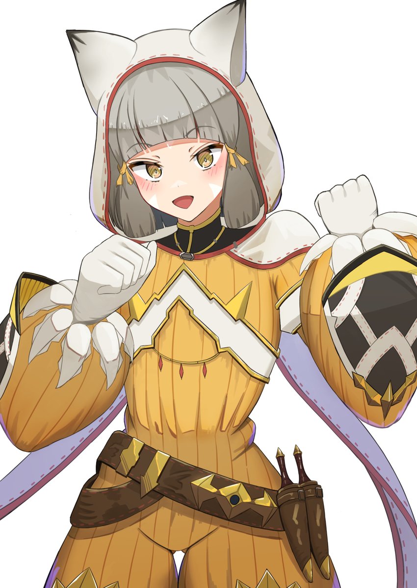 1girl :d animal_ears animal_hood blush bodysuit brown_eyes clenched_hands commentary_request cowboy_shot eteko_(eteco30) facial_mark fake_animal_ears gloves grey_hair groin highres hood hood_up long_sleeves looking_at_viewer nia_(xenoblade) puffy_long_sleeves puffy_sleeves simple_background smile solo standing whisker_markings white_background white_gloves xenoblade_chronicles_(series) xenoblade_chronicles_2 yellow_bodysuit