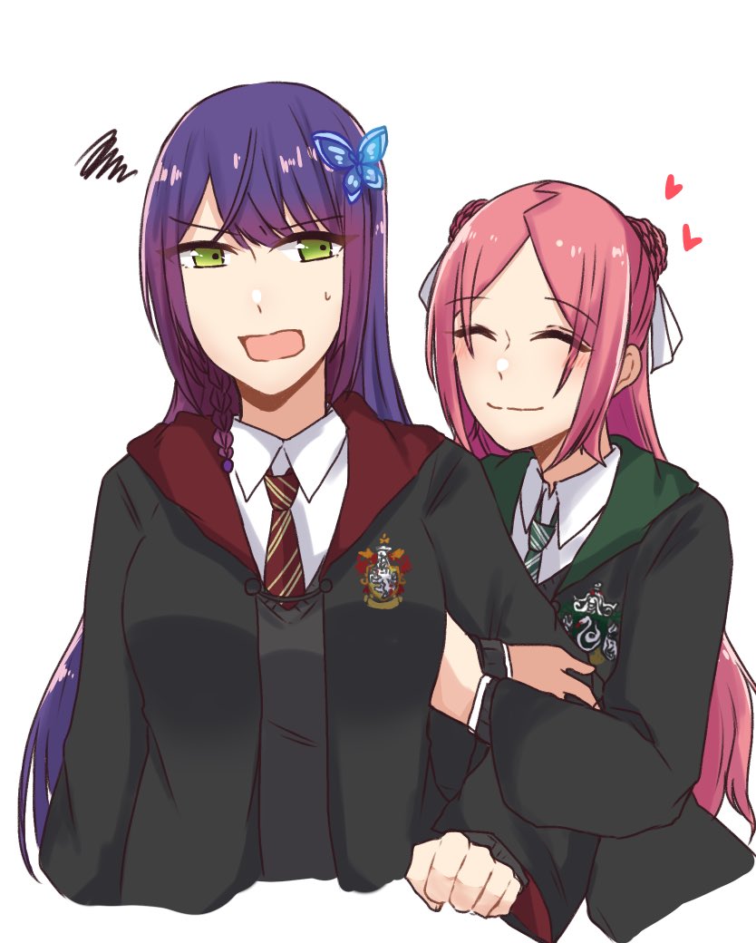 2girls ^_^ annoyed arm_at_side arm_hug assault_lily black_robe blush braid braided_bun breasts butterfly_hair_ornament clenched_hand closed_eyes closed_mouth collared_shirt commentary cropped_torso diagonal-striped_necktie double_bun funada_kiito green_eyes green_necktie grey_sweater gryffindor hair_bun hair_ornament hair_ribbon hand_up hands_up harry_potter_(series) heart hogwarts_school_uniform hood hood_down hooded_robe long_hair long_sleeves looking_at_another looking_to_the_side medium_breasts multiple_girls necktie nigari_(ngari_0115) open_clothes open_mouth open_robe parted_bangs purple_hair red_necktie redhead ribbon robe school_uniform shiba_tomoshibi shirt side_braid sideways_glance simple_background single_braid slytherin smile squiggle sweatdrop sweater upper_body v-shaped_eyebrows white_background white_ribbon white_shirt wizarding_world yuri