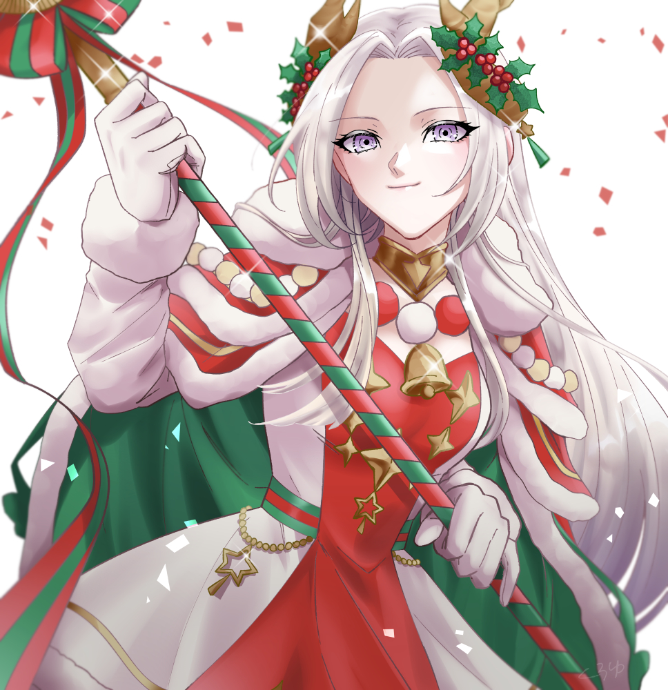 cape diamond_print dress edelgard_von_hresvelg edelgard_von_hresvelg_(snowfall_future) fake_horns fire_emblem fire_emblem_heroes green_cape hair_ornament holding holding_polearm holding_weapon holly_hair_ornament holly_hat_ornament horns kuroyu66 multicolored_clothes multicolored_dress official_alternate_costume polearm red_cape red_dress weapon yellow_horns