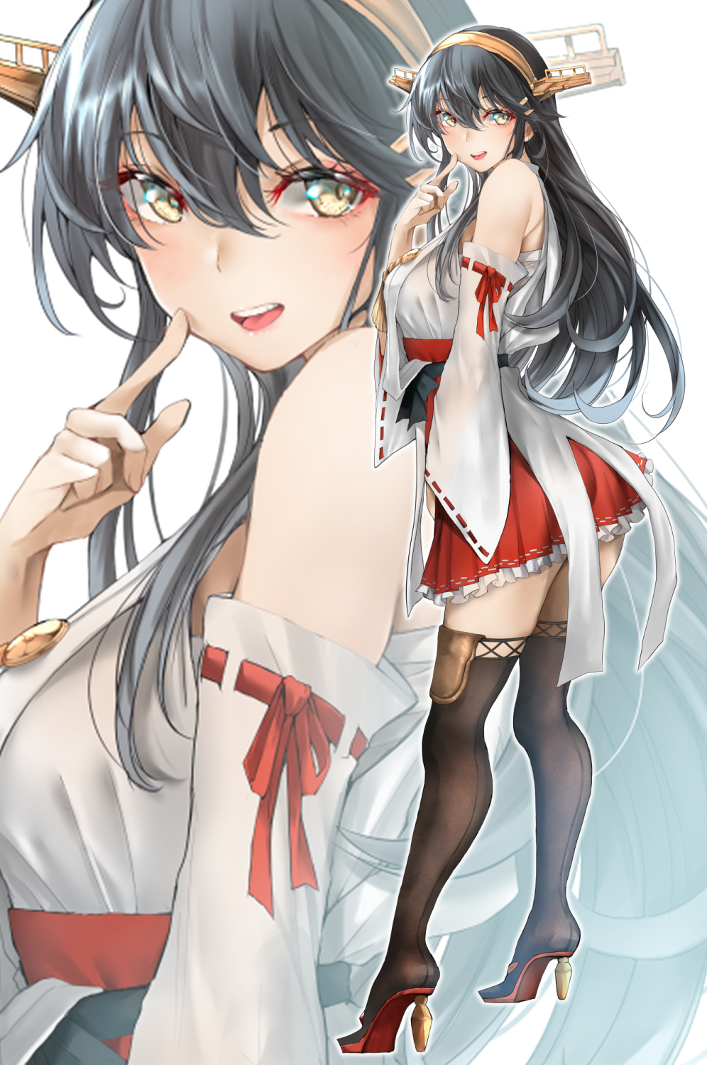 1girl black_hair breasts detached_sleeves frills full_body hair_between_eyes haruna_(kancolle) haruna_kai_ni_(kancolle) headgear high_heels highres japanese_clothes kantai_collection large_breasts long_hair makeup multiple_views nontraditional_miko open_mouth ribbon-trimmed_sleeves ribbon_trim simple_background skirt standing swept_bangs teeth thigh-highs tororo_ten upper_teeth_only white_background wide_sleeves yellow_eyes zoom_layer