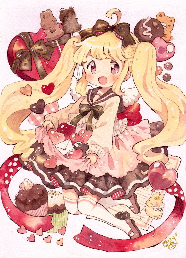 1girl ahoge angel_wings back_bow balloon bear blonde_hair bow bowtie box brown_bow brown_bowtie brown_footwear brown_sailor_collar brown_skirt brown_sleeves brown_sweater chocolate collared_shirt commentary_request cupcake eyelashes food full_body hair_bow heart heart-shaped_box heart_balloon layered_skirt light_blush long_hair long_sleeves looking_at_viewer love_letter mary_janes mini_wings miniskirt mokarooru open_mouth original pink_background pink_eyes pink_skirt pleated_skirt puffy_long_sleeves puffy_sleeves red_bow red_ribbon red_skirt ribbon sailor_collar shirt shoes signature skirt skirt_basket skirt_hold smile solo striped striped_bow striped_skirt sweater thigh-highs twintails two-sided_bow two-sided_fabric two-sided_skirt valentine vertical-striped_skirt vertical_stripes very_long_hair white_thighhighs white_wings wings