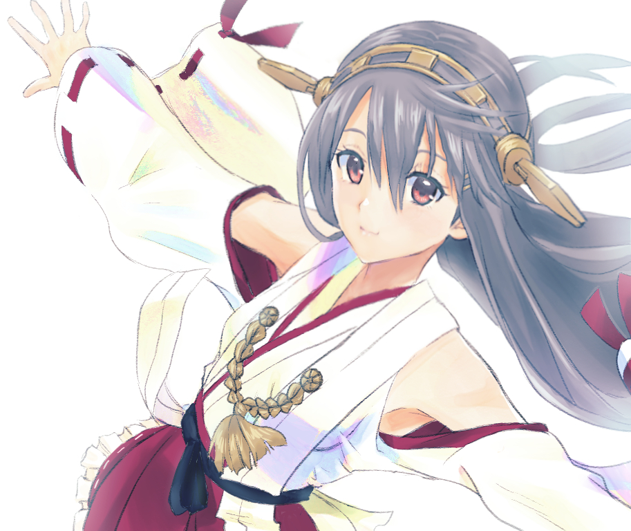 1girl black_hair brown_eyes detached_sleeves hairband haruna_(kancolle) headgear japanese_clothes kantai_collection kujira_naoto long_hair nontraditional_miko outstretched_arms red_skirt ribbon-trimmed_sleeves ribbon_trim simple_background skirt smile solo upper_body white_background