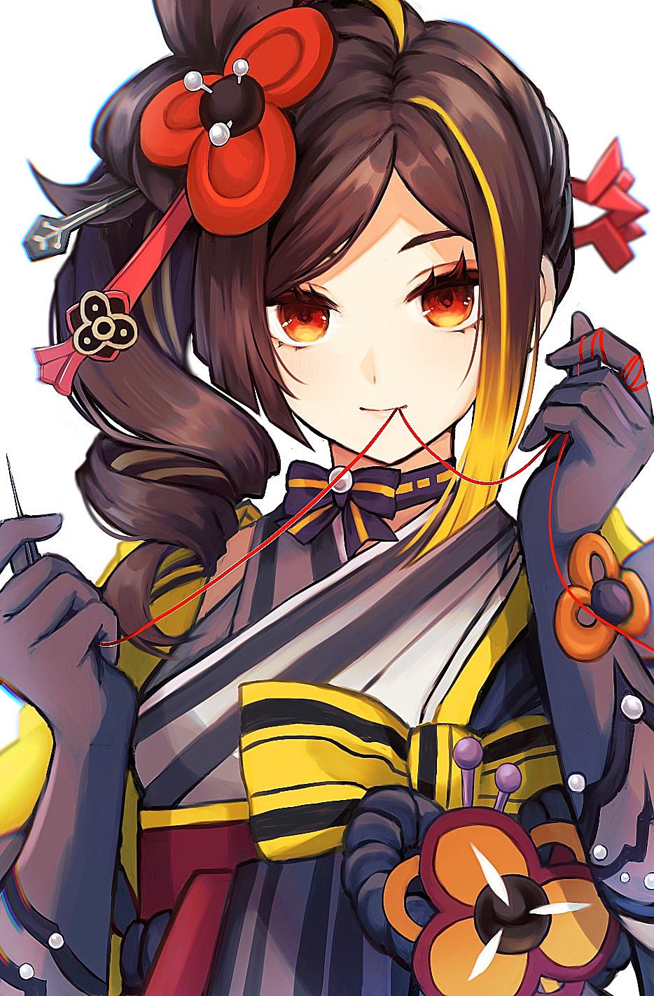 1girl black_gloves brown_hair chiori_(genshin_impact) commentary_request drill_hair genshin_impact gloves hair_ornament hands_up highres holding holding_needle japanese_clothes kimono mokota needle orange_eyes revision sewing_needle side_ponytail solo thread upper_body