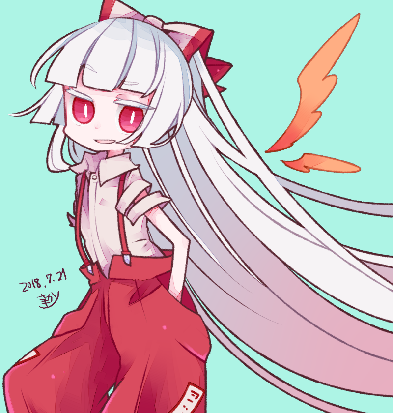 1girl artist_name baggy_pants blunt_bangs bow bright_pupils collared_shirt cosmicmind cowboy_shot dated detached_wings fiery_wings fujiwara_no_mokou green_background grin hair_bow hands_in_pockets long_hair looking_at_viewer pants red_bow red_eyes red_pants shirt simple_background smile solo suspenders torn_clothes torn_sleeves touhou very_long_hair white_bow white_hair white_pupils white_shirt wings
