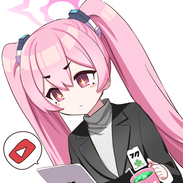 1girl alternate_costume blazer blue_archive blush_stickers coffee_mug commentary_request cosplay cup drink drinking_straw dual_wielding hair_between_eyes hair_ornament halo holding holding_cup holding_tablet_pc ice ice_cube id_card jacket koyuki_(blue_archive) long_hair long_sleeves mug o_(rakkasei) pink_eyes pink_hair rio_(blue_archive) rio_(blue_archive)_(cosplay) sidelocks simple_background solo spoken_symbol sweater symbol-shaped_pupils tablet_pc turtleneck turtleneck_sweater twintails white_background youtube