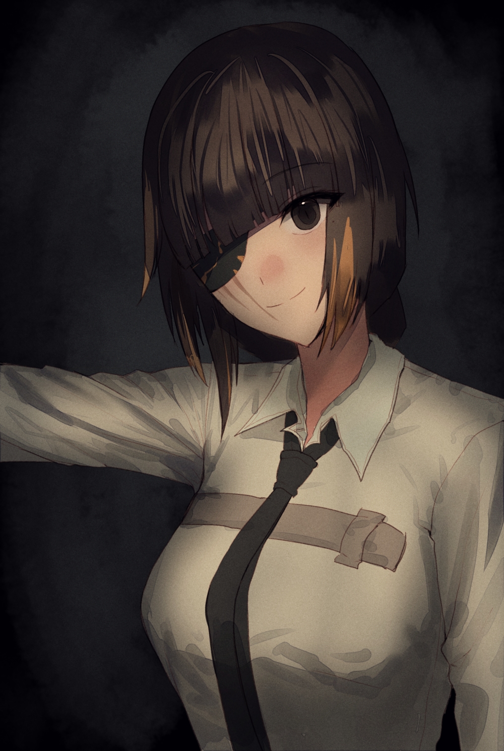 1girl bad_id black_background black_necktie breasts brown_eyes brown_hair closed_mouth eyepatch girls_frontline highres long_sleeves looking_at_viewer m16a1_(girls'_frontline) necktie scar shirt smile xanax025 yellow_shirt
