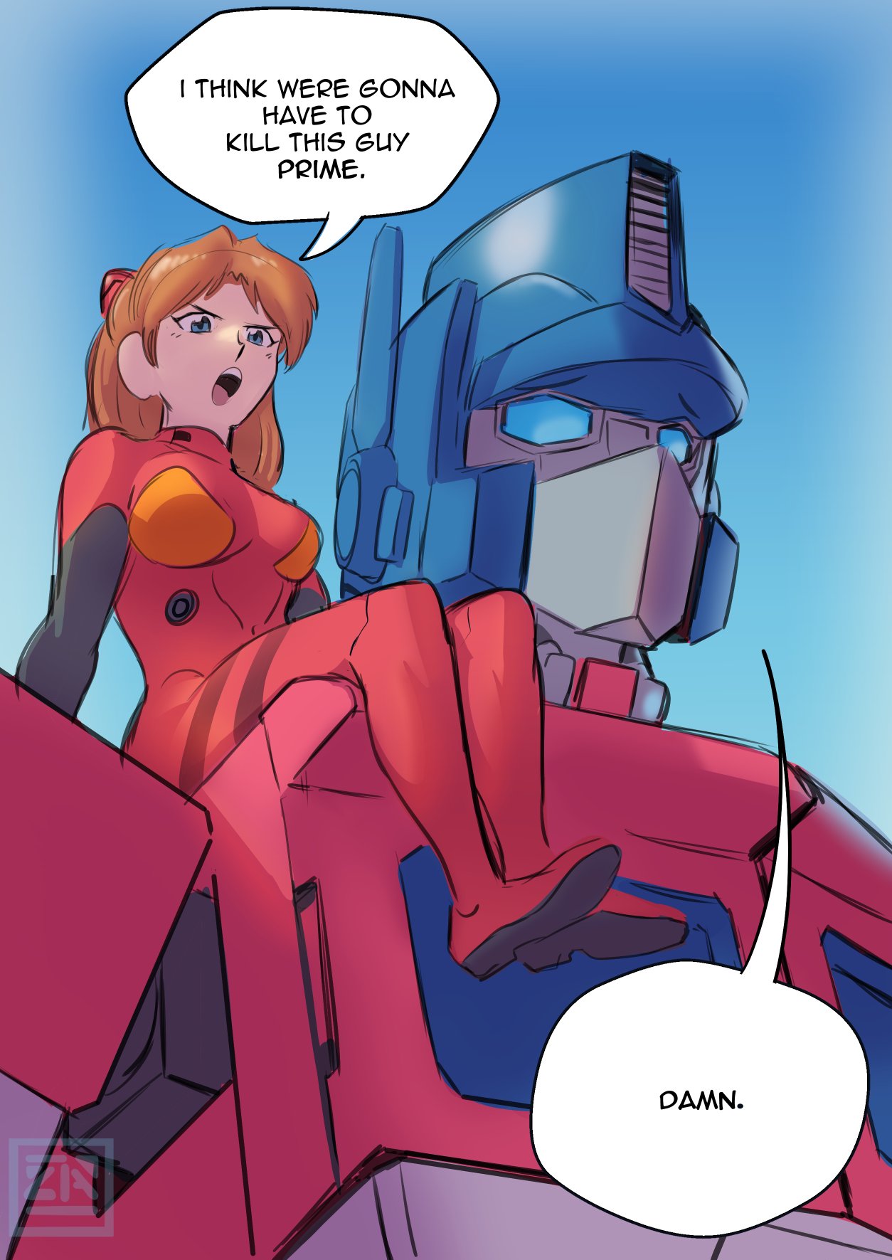 1girl :o android blue_eyes blue_sky bodysuit breasts brown_hair crossover day english_text highres i_think_we're_gonna_have_to_kill_this_guy_steven_(meme) interface_headset long_hair looking_at_another looking_at_viewer medium_breasts meme neon_genesis_evangelion optimus_prime plugsuit red_bodysuit shiny_clothes sitting sitting_on_person size_difference skin_tight sky souryuu_asuka_langley transformers twintails zestysauce
