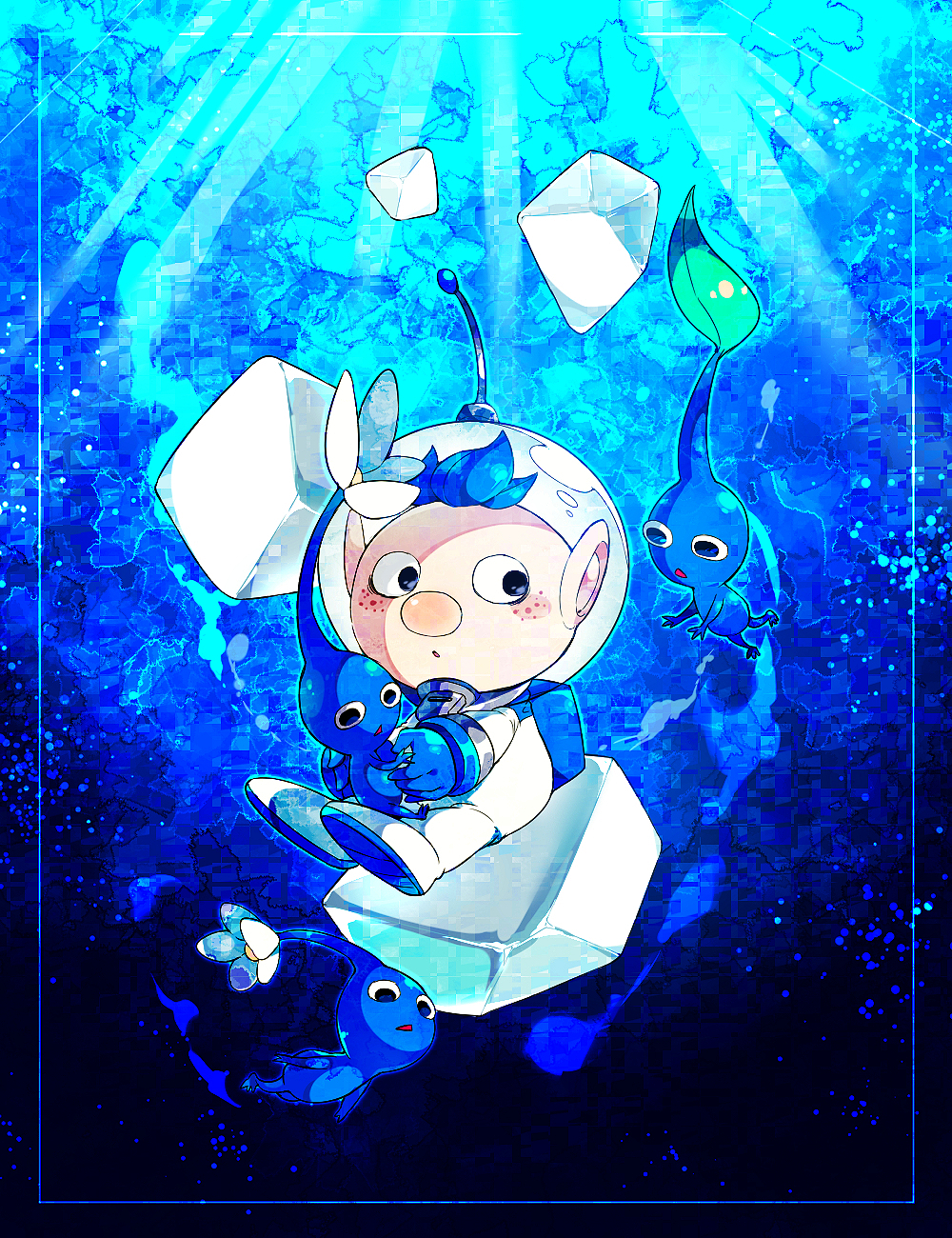 1boy :o alph_(pikmin) backpack bag big_nose black_eyes blue_bag blue_gloves blue_hair blue_outline blue_pikmin blue_skin colored_skin commentary_request creature flower freckles gloves helmet highres holding holding_creature ice ice_cube leaf light_blush looking_at_another outline oversized_object parted_lips pikmin_(creature) pikmin_(series) radio_antenna shirushiki short_hair sitting space_helmet spacesuit swimming triangle_mouth underwater very_short_hair whistle white_flower