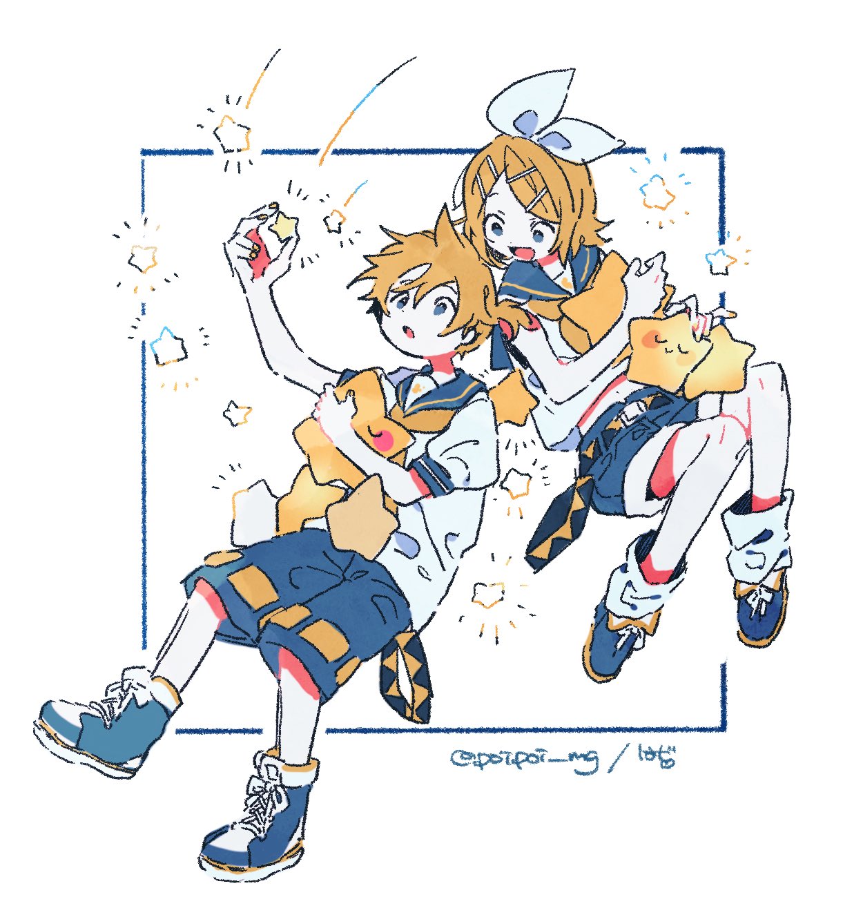1boy 1girl blonde_hair blue_eyes bow brother_and_sister hair_bow hair_ornament hairclip hazime high_tops highres holding holding_star kagamine_len kagamine_rin leg_warmers neckerchief shoes short_ponytail short_shorts shorts siblings simple_background sneakers star_(symbol) twins vocaloid white_background white_bow yellow_nails yellow_neckerchief
