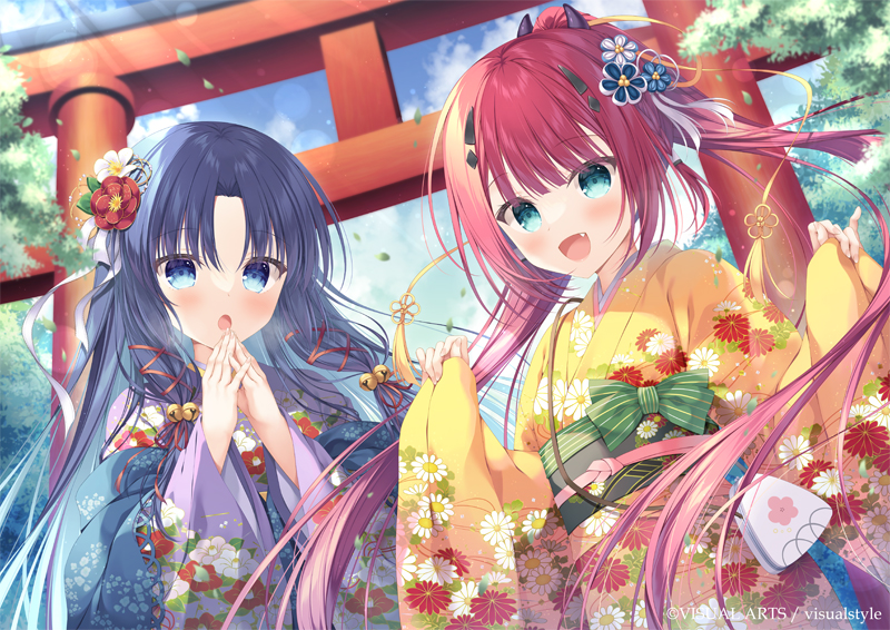 2girls :d bell black_hair blue_eyes blue_sky blush bow breathing_on_hands character_request clouds cloudy_sky commentary_request day fang floral_print flower green_bow hair_bell hair_flower hair_ornament hair_ribbon hands_up horns japanese_clothes jingle_bell kamiyama_shiki kimono long_hair long_sleeves multiple_girls obi official_art outdoors parted_bangs pinching_sleeves ponytail print_kimono purple_kimono red_flower red_ribbon redhead ribbon sash sky sleeves_past_wrists smile striped striped_bow summer_pockets takano_yuki_(allegro_mistic) torii very_long_hair white_flower wide_sleeves yellow_kimono