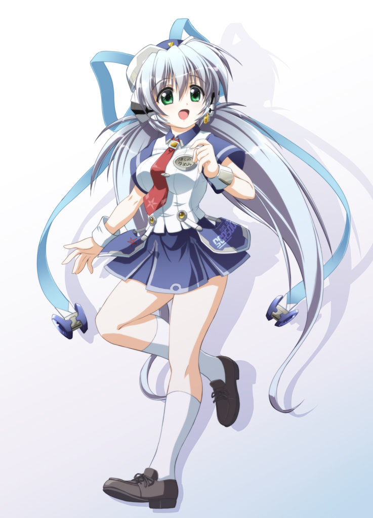 1girl :d adapted_costume black_footwear blue_hair blue_ribbon blue_skirt blue_sleeves blush breasts commentary_request drop_shadow f20_(funimaru) full_body green_eyes hair_between_eyes hair_ribbon happy hoshino_yumemi kneehighs light_blue_hair long_hair looking_at_viewer low_twintails medium_breasts miniskirt necktie open_mouth planetarian red_necktie ribbon robot_ears shirt short_sleeves simple_background skirt smile socks solo standing standing_on_one_leg tareme twintails very_long_hair white_background white_shirt white_socks white_wrist_cuffs