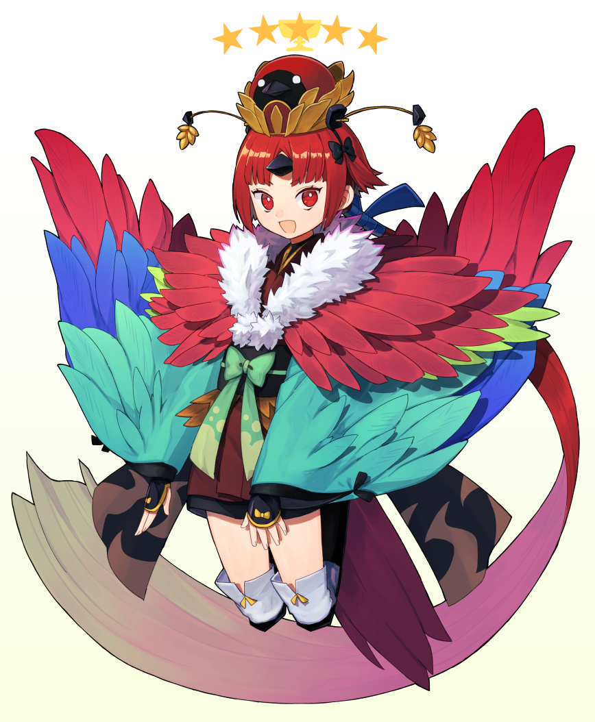 1girl absurdly_long_hair armor benienma_(fate) benienma_(third_ascension)_(fate) bird_hat black_bow blue_sleeves bow bright_pupils brown_kimono commentary_request fate/grand_order fate_(series) feather-trimmed_sleeves feet_up full_body fur_collar green_bow green_sleeves hair_bow hair_flaps holy_grail_(fate) japanese_armor japanese_clothes kimono kote kurokote long_hair looking_at_viewer low_ponytail multicolored_sleeves obi obijime open_mouth over-kneehighs red_eyes red_sleeves redhead sash short_kimono smile solo somemiya_suzume star_(symbol) thigh-highs very_long_hair waist_bow white_pupils