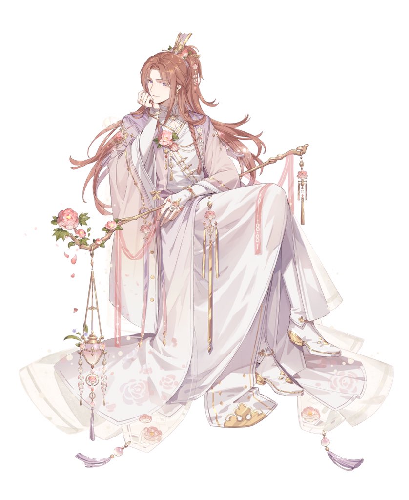 1boy bishounen boots bracelet braid bridal_gauntlets chinese_clothes coat crossed_legs facing_to_the_side floral_print flower flower_ornament full_body gaiters gold_trim hagoromo hair_flower hair_ornament hanfu head_rest hibiscus holding holding_staff invisible_chair jewelry layered_sleeves loladestiny long_hair long_sleeves looking_at_viewer male_focus official_art parted_bangs pink_coat pink_flower pink_hair robe shawl side_braid simple_background sitting smile solo staff tassel the_tale_of_food violet_eyes white_background white_bridal_gauntlets white_footwear white_robe wide_ponytail wide_sleeves xiao_guan_(headdress) yaopei