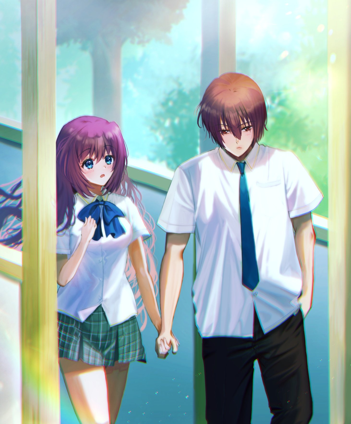 1boy 1girl a-chan_senpai arm_at_side black_pants blue_bow blue_eyes blue_necktie blush bow brown_eyes brown_hair closed_mouth collared_shirt commentary_request couple cowboy_shot day floating_hair frown hair_between_eyes hand_up hetero highres holding_hands indoors little_busters! little_busters!_school_uniform long_hair looking_at_another looking_down miiizuno_lbs miniskirt natsume_kyousuke necktie open_mouth pants plaid plaid_skirt purple_hair school_uniform shirt short_hair short_sleeves shy side-by-side skirt standing summer_uniform surprised very_long_hair white_shirt