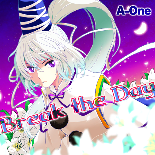 1girl a-one album_cover blue_headwear blue_skirt circle_name closed_mouth cover detached_sleeves english_text eyelashes field flower flower_field frown game_cg gradient_sky hat hat_ribbon high_ponytail japanese_clothes kariginu kuruizaki_flower long_hair long_sleeves looking_at_viewer mononobe_no_futo neck_ribbon official_art outdoors pom_pom_(clothes) purple_ribbon purple_sky ribbon skirt sky solo star_(sky) starry_sky sunset tate_eboshi touhou touhou_cannonball upper_body violet_eyes white_hair white_petals white_ribbon white_sleeves