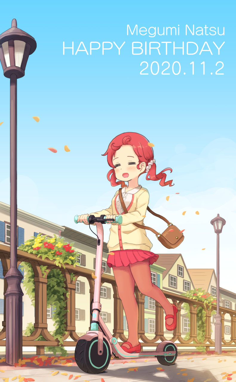 1girl bag blue_sky breasts bridge brown_bag building buttons casual center_frills character_name closed_eyes collared_shirt commentary_request dated day facing_viewer frills full_body gochuumon_wa_usagi_desu_ka? hair_ornament hair_scrunchie handbag happy_birthday highres house jacket lamppost mary_janes medium_hair miniskirt mohei motor_vehicle natsu_megumi on_scooter open_mouth orange_pantyhose outdoors pantyhose partial_commentary petals pink_skirt plant pleated_skirt red_footwear redhead riding_scooter scooter scrunchie shadow shirt shoes skirt sky small_breasts smile solo wavy_hair white_scrunchie wind wind_lift window yellow_jacket