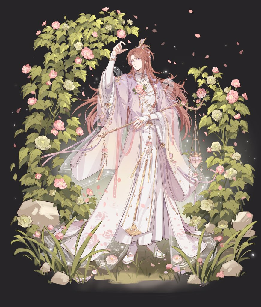 1boy bishounen black_background boots bracelet braid bridal_gauntlets chinese_clothes closed_mouth coat falling_petals floral_print flower flower_ornament full_body gold_trim grass hagoromo hair_flower hair_ornament hand_up hanfu hibiscus holding holding_staff jewelry layered_sleeves loladestiny long_hair long_sleeves looking_at_flowers looking_to_the_side looking_up male_focus official_art parted_bangs petals pink_coat pink_flower pink_hair plant robe rock shawl side_braid solo staff standing tassel the_tale_of_food violet_eyes white_bridal_gauntlets white_flower white_footwear white_robe wide_ponytail wide_sleeves xiao_guan_(headdress) yaopei