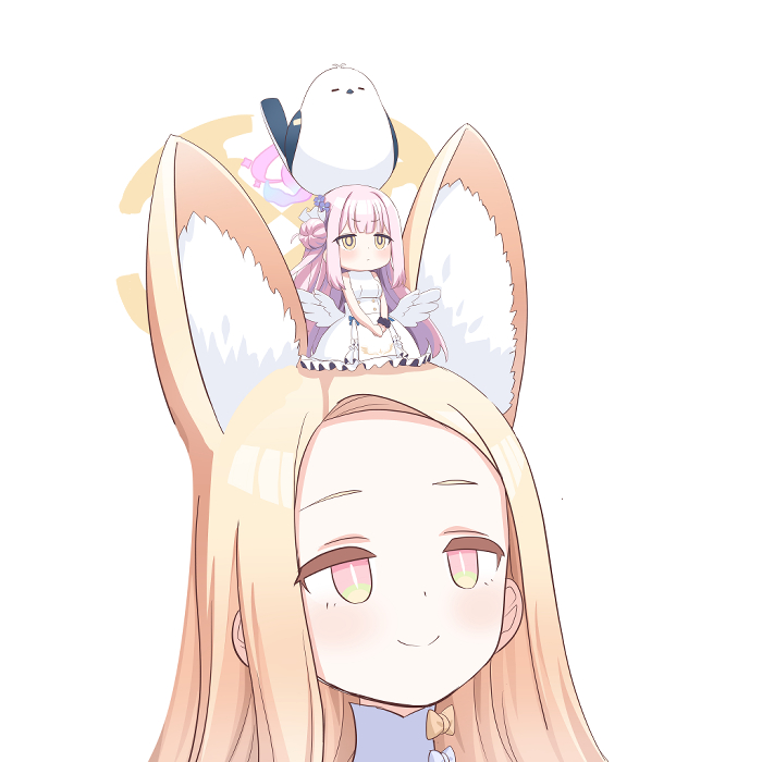 2girls angel_wings animal_ear_fluff animal_ears animal_on_head bird bird_on_head blonde_hair blue_archive blunt_bangs commentary_request extra_ears feathered_wings flower forehead fox_ears fox_girl hair_flower hair_ornament hair_scrunchie halo long_hair looking_at_another looking_up mika_(blue_archive) mini_person minigirl multiple_girls o_(rakkasei) on_head orange_eyes parted_bangs pink_hair school_uniform scrunchie seia_(blue_archive) sidelocks simple_background size_difference smile turtleneck white_bird white_wings wings wrist_scrunchie yellow_eyes