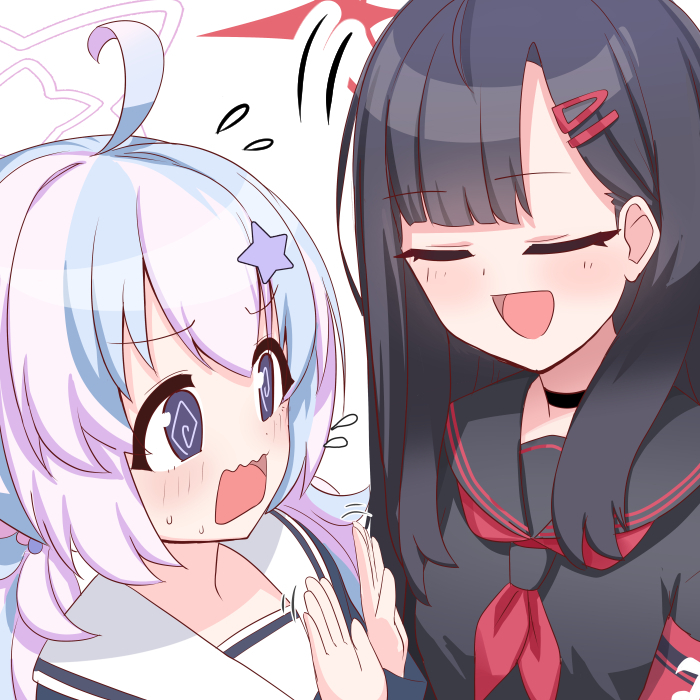 2girls :d @_@ ^_^ ahoge armband black_choker black_hair black_serafuku blue_archive blunt_bangs blush bowing choker closed_eyes commentary_request flying_sweatdrops hair_between_eyes hair_ornament hairclip halo ichika_(blue_archive) long_hair long_sleeves looking_at_another low_twintails multicolored_hair multiple_girls nervous_sweating o_(rakkasei) purple_hair red_armband reisa_(blue_archive) school_uniform serafuku sidelocks simple_background smile star_(symbol) star_hair_ornament sweat twintails two-tone_hair violet_eyes wavy_mouth white_background