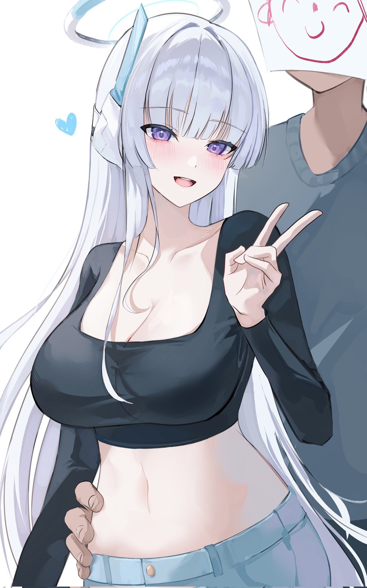 arona's_sensei_doodle_(blue_archive) blue_archive blue_heart breasts crop_top denim grey_shirt highres jaduade jeans large_breasts long_hair long_sleeves midriff noa_(blue_archive) open_mouth pants sensei_(blue_archive) shirt torso_grab v very_long_hair violet_eyes white_background white_hair