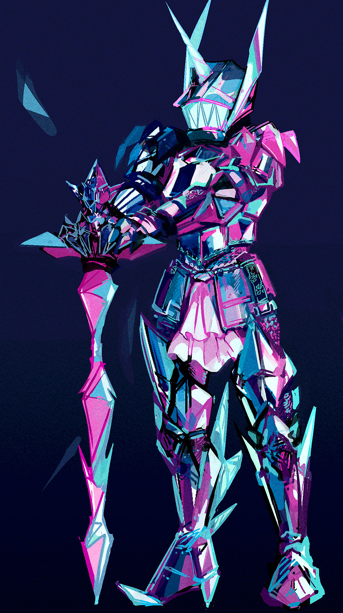 1boy alternate_form armor blue_background breastplate commentary fake_horns full_armor full_body gauntlets greaves helm helmet highres holding holding_sword holding_weapon horned_helmet horns idk-kun limited_palette lio_fotia male_focus pauldrons pelvic_curtain planted planted_sword plate_armor promare sharp_teeth shoulder_armor simple_background solo standing sword teeth visor_(armor) weapon