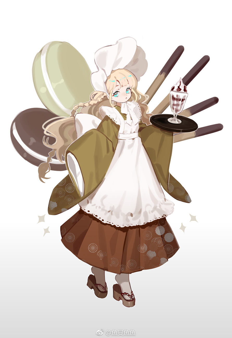 1girl apron back_bow blonde_hair blue_eyes bonnet bow bowtie braid brown_footwear chinese_commentary chocolate_syrup commentary_request cookie eyelashes food full_body geta glasses gradient_background hakama hakama_skirt highres holding holding_tray japanese_clothes kikumon lace-trimmed_apron lace_trim layered_sleeves long_hair long_skirt long_sleeves looking_at_viewer original parfait pocky red_hakama red_skirt single_braid skirt sleeves_past_fingers sleeves_past_wrists socks solo sparkle tabi tray unagi_(nakaelric) very_long_hair watermark wavy_hair weibo_logo weibo_username white_apron white_background white_bow white_bowtie white_hair white_socks wide_sleeves yellow_sleeves
