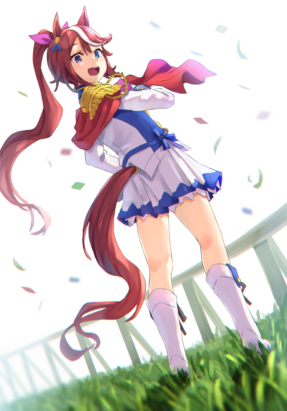 1girl animal_ears blue_eyes boots brown_hair epaulettes full_body grass hand_on_own_hip hand_up highres horse_ears horse_girl horse_tail jacket long_sleeves looking_at_viewer looking_back miniskirt multicolored_hair mumyuu open_mouth outdoors petticoat ponytail side_cape single_epaulette skirt smile solo standing streaked_hair tail tail_through_clothes tokai_teio_(umamusume) umamusume white_footwear white_jacket white_skirt