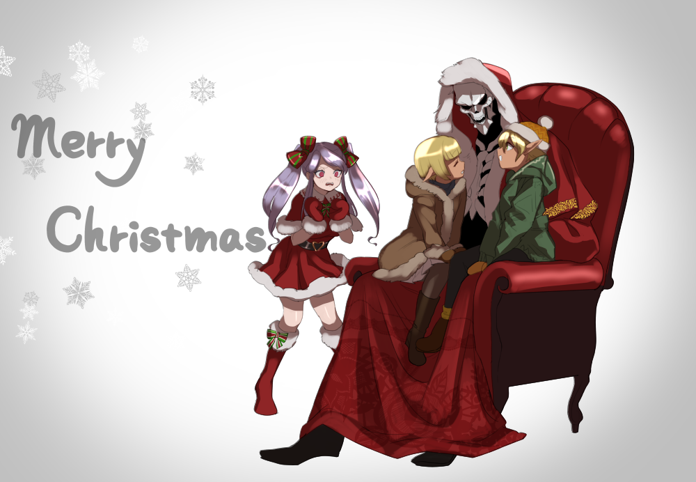 2boys 2girls ainz_ooal_gown aura_bella_fiora belt black_belt blonde_hair blunt_bangs boots bow brown_footwear brown_jacket brown_mittens buckle capelet chair christmas closed_eyes commentary_request dark_elf dress elf envy full_body fur-trimmed_capelet fur-trimmed_dress fur-trimmed_jacket fur-trimmed_mittens fur-trimmed_robe fur_trim green_bow green_jacket hair_bow hands_up hat heart heart-shaped_buckle hood hooded_jacket hooded_robe jacket knee_boots lich long_hair mare_bello_fiore masiro merry_christmas mittens multiple_boys multiple_girls multiple_hair_bows no_socks open_mouth otoko_no_ko overlord_(maruyama) pointy_ears pom_pom_beanie purple_hair red_bow red_capelet red_dress red_eyes red_footwear red_mittens red_robe robe santa_costume santa_dress shalltear_bloodfallen short_hair siblings sidelocks simple_background sitting sitting_on_lap sitting_on_person skeleton snowflake_print snowflakes standing striped striped_bow throne twins twintails two-tone_bow vampire white_background yellow_headwear yellow_mittens