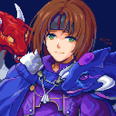1boy ashton_anchors black_headband blue_background blue_cape brown_hair cape closed_mouth coat dragon headband hiroita looking_at_viewer lowres male_focus pixel_art purple_coat short_hair signature simple_background smile solo star_ocean star_ocean_the_second_story tassel
