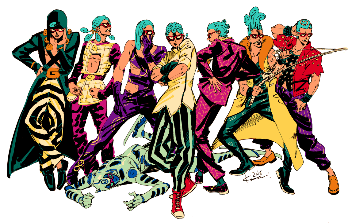 6+boys anger_vein belt blue_hair clenched_teeth coat commentary_request crossed_arms dated eye_mask formaggio full_body fur_collar ghiaccio gloves green_pants hand_on_own_head hand_on_own_hip hat holding ice_skates illuso jacket jojo_no_kimyou_na_bouken kotteri looking_at_viewer looking_to_the_side male_focus melone multiple_boys orange_footwear pants pesci pink_jacket pink_pants profile prosciutto purple_gloves red_footwear red_shirt risotto_nero shirt short_hair simple_background skates stand_(jojo) striped striped_pants teeth vento_aureo vertical-striped_pants vertical_stripes white_album_(stand) white_background yellow_coat