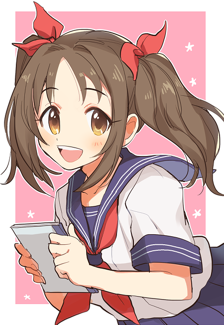 1girl blue_sailor_collar blue_skirt blush border bow breasts brown_eyes brown_hair collarbone dot_nose from_side hair_bow hair_ribbon hands_up holding holding_notebook idolmaster idolmaster_cinderella_girls idolmaster_cinderella_girls_starlight_stage imai_kana looking_at_viewer medium_breasts neckerchief notebook open_mouth outside_border pink_background pleated_skirt red_neckerchief red_ribbon ribbon sailor_collar school_uniform serafuku shirt short_hair short_sleeves skirt smile solo starry_background teeth twintails upper_teeth_only white_border white_shirt yunion_(sibujya)