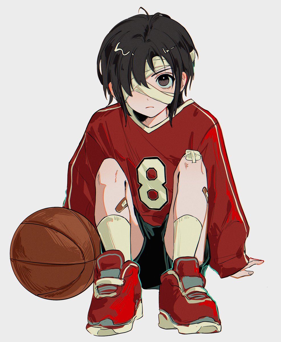 1boy alternate_costume ball bandage_over_one_eye bandaged_head bandages bandaid bandaid_on_knee bandaid_on_leg basketball_(object) black_hair black_shorts closed_mouth commentary_request full_body highres hua_cheng knees_up korean_commentary long_sleeves looking_at_viewer male_focus red_footwear red_shirt reum_e00 shirt shoes short_hair shorts sitting sneakers solo tianguan_cifu