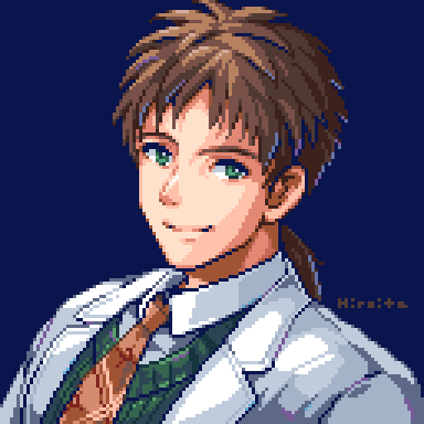 1boy blue_background bowman_jean brown_necktie closed_mouth collared_shirt green_eyes green_sweater hiroita jacket long_hair looking_at_viewer lowres male_focus necktie pixel_art ponytail shirt smile solo star_ocean star_ocean_the_second_story sweater white_jacket white_shirt