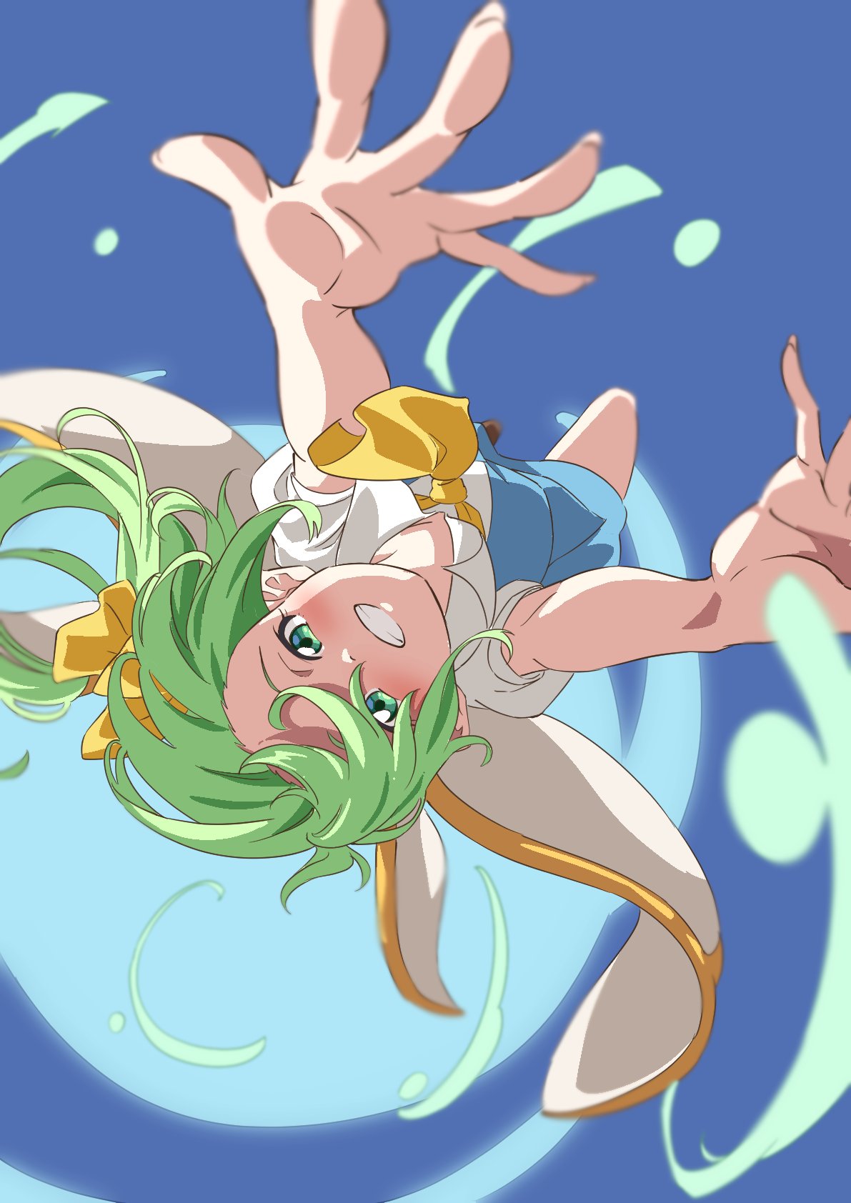 1girl ascot bare_legs blue_background blue_skirt blue_vest brown_footwear collared_shirt commentary_request daiyousei fairy_wings fingernails green_eyes green_hair gyouza_(mhea5724) hair_ribbon highres outstretched_arms perspective puffy_short_sleeves puffy_sleeves ribbon shirt short_hair short_sleeves side_ponytail skirt skirt_set solo touhou vest white_shirt wings yellow_ascot yellow_ribbon