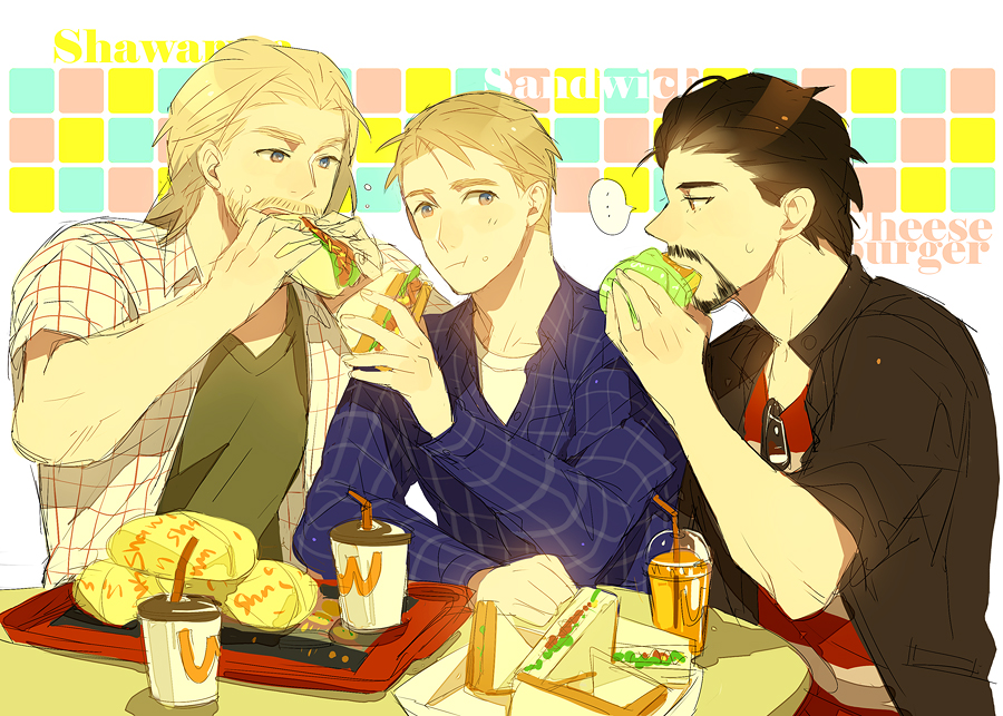 ... 3boys animification avengers_(series) beard black_hair black_jacket blonde_hair blue_eyes blue_shirt blush brown_eyes burger buttons closed_mouth coffee_cup collarbone cup disposable_cup drink drinking_straw english_commentary english_text facial_hair fingernails food food_on_face french_fries green_shirt hand_up hands_up holding holding_food holding_sandwich jacket long_hair long_sleeves looking_at_another male_focus marvel marvel_cinematic_universe mcdonald's multiple_boys omix open_clothes open_jacket open_mouth open_shirt plaid plaid_shirt red_shirt sandwich shawarma shirt short_hair simple_background sitting speech_bubble steve_rogers sunglasses sweatdrop t-shirt table teeth thor_(marvel) tony_stark tray unworn_eyewear white_background white_shirt