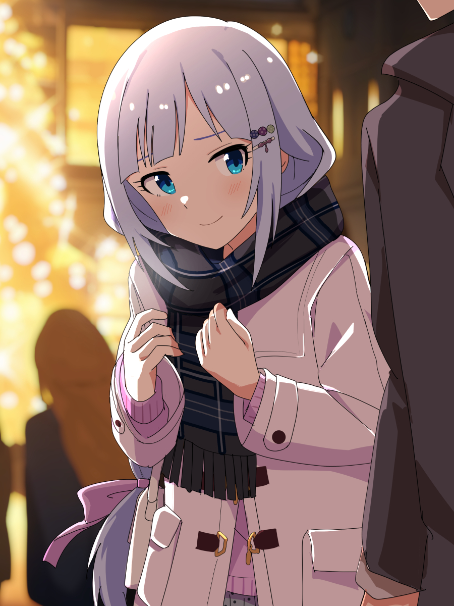1girl blue_eyes blunt_bangs blush bow christmas_tree closed_mouth coat eyebrows_hidden_by_hair grey_hair grey_scarf hair_bow hair_ornament hairclip highres idolmaster idolmaster_million_live! idolmaster_million_live!_theater_days long_hair long_sleeves looking_at_another night outdoors pink_bow pink_sweater plaid plaid_scarf scarf shiraishi_tsumugi smile solo_focus sweater trinitro_t very_long_hair white_coat