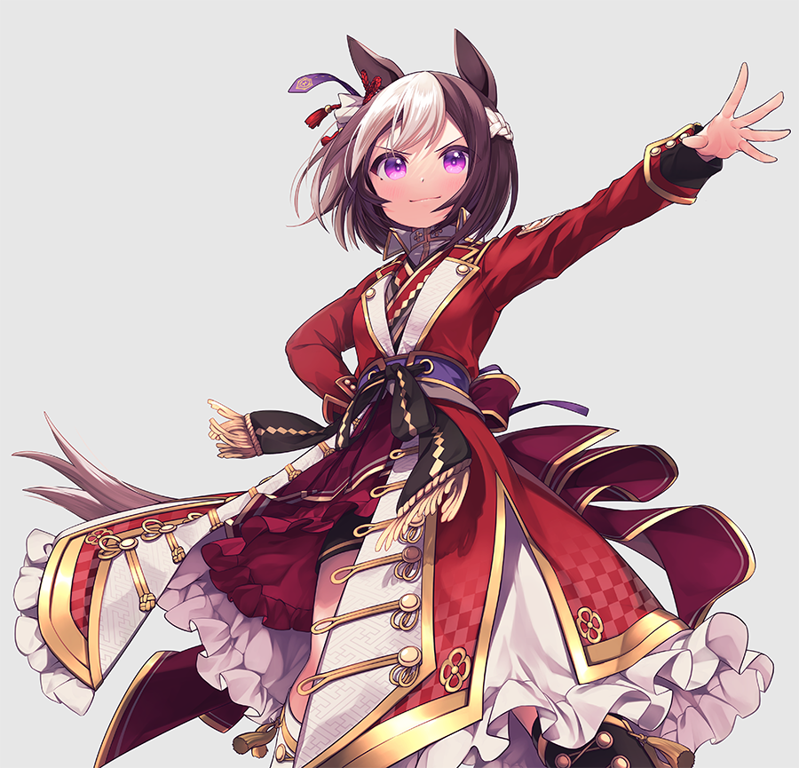 1girl black_footwear black_shorts braid closed_mouth coat frilled_coat frills grey_background hair_ornament hand_on_own_hip long_sleeves n:go outstretched_arm red_coat short_hair shorts simple_background smile solo special_week_(supreme_commander_of_the_rising_sun)_(umamusume) special_week_(umamusume) tassel umamusume white_footwear