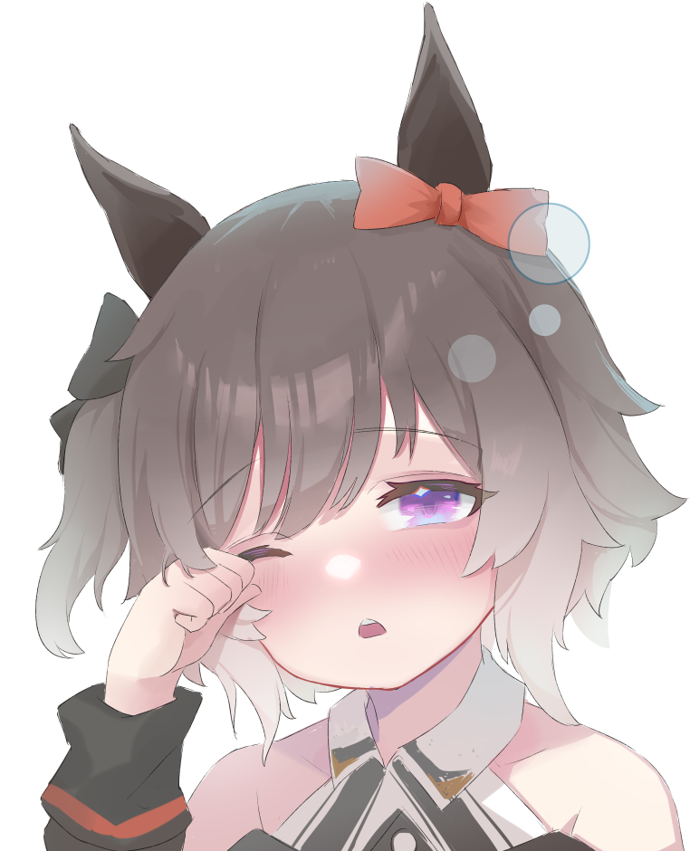 1girl animal_ears blush bow curren_chan_(umamusume) ear_bow ear_ribbon grey_hair horse_ears horse_girl long_sleeves looking_at_viewer luoyezi one_eye_closed open_mouth red_bow rubbing_eyes simple_background solo teeth umamusume upper_body upper_teeth_only violet_eyes white_background