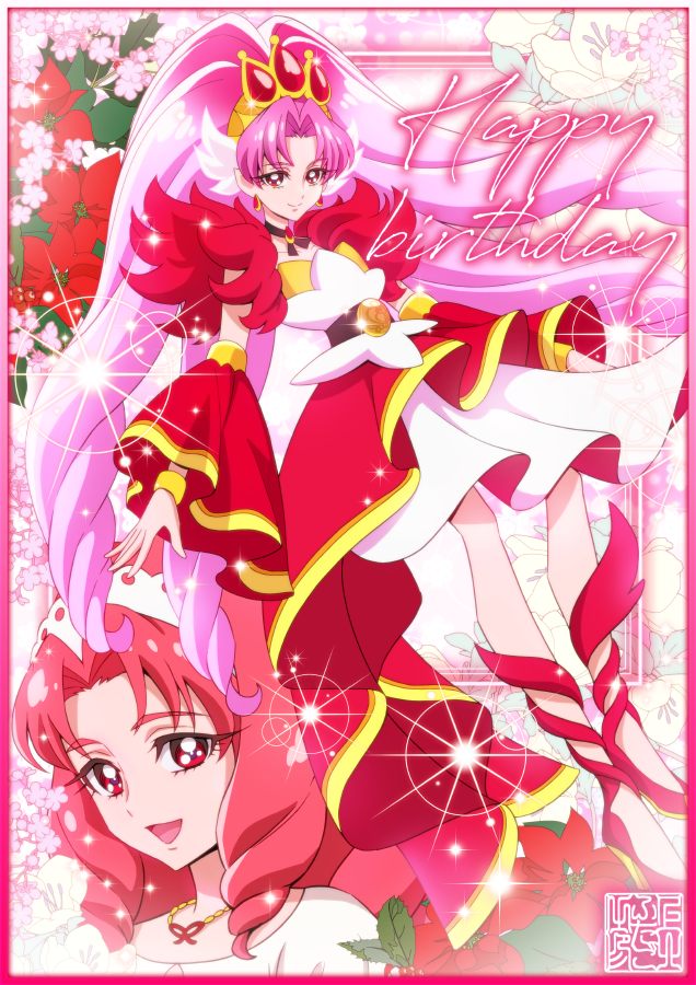 1girl akagi_towa bow choker cure_scarlet detached_sleeves earrings go!_princess_precure happy_birthday jewelry kamikita_futago long_hair magical_girl open_mouth pink_hair pointy_ears precure quad_tails red_eyes red_sleeves redhead skirt smile solo very_long_hair waist_bow