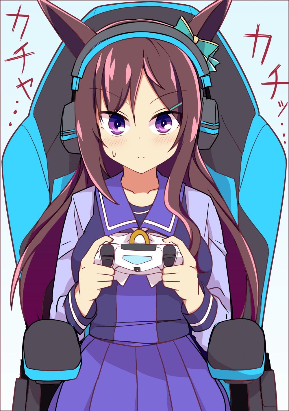 1girl animal_ears bow brown_hair chair closed_mouth commentary_request controller ear_bow gaming_chair hair_ornament hairclip headset highres holding holding_controller horse_ears horse_girl long_hair looking_at_viewer mejiro_dober_(umamusume) playing_games pleated_skirt purple_serafuku purple_shirt purple_skirt sailor_collar school_uniform serafuku shirt sitting skirt solo swivel_chair tracen_school_uniform umamusume violet_eyes wahiko_(black_bastard) white_bow