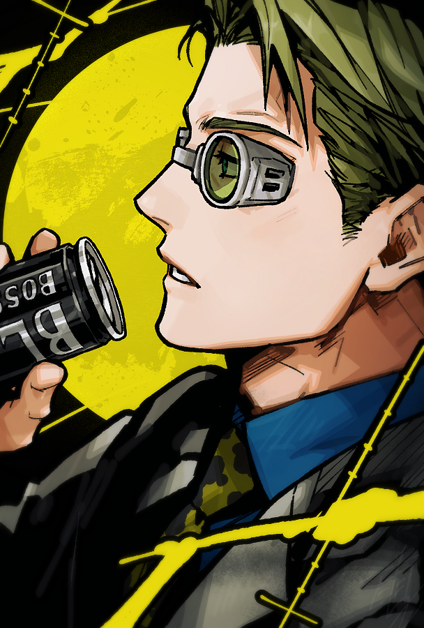 1boy animal_print blonde_hair blue_eyes blue_shirt can collared_shirt goggles grmms_otk holding holding_can jujutsu_kaisen leopard_print looking_at_viewer lower_teeth_only male_focus nanami_kento necktie parted_lips portrait profile shirt short_hair solo teeth yellow_necktie