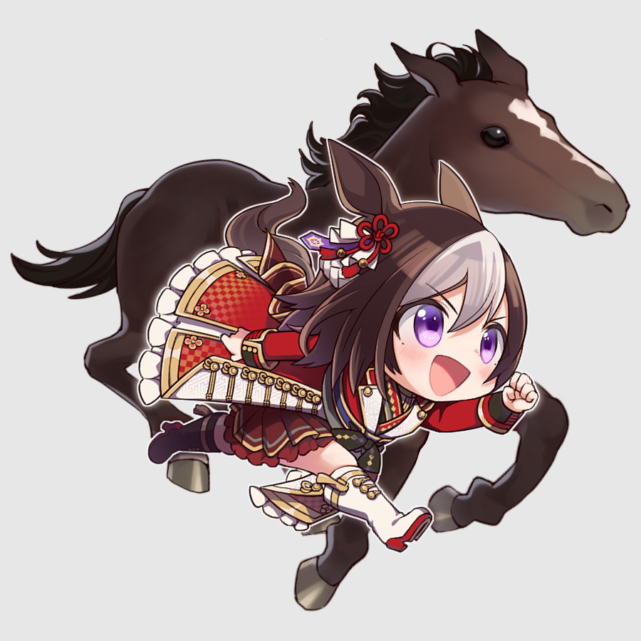 1girl animal animal_ears chibi clenched_hand coat grey_background hair_ornament horse horse_ears horse_tail long_sleeves multicolored_hair n:go open_mouth red_coat running simple_background special_week_(supreme_commander_of_the_rising_sun)_(umamusume) special_week_(umamusume) streaked_hair tail umamusume violet_eyes white_footwear