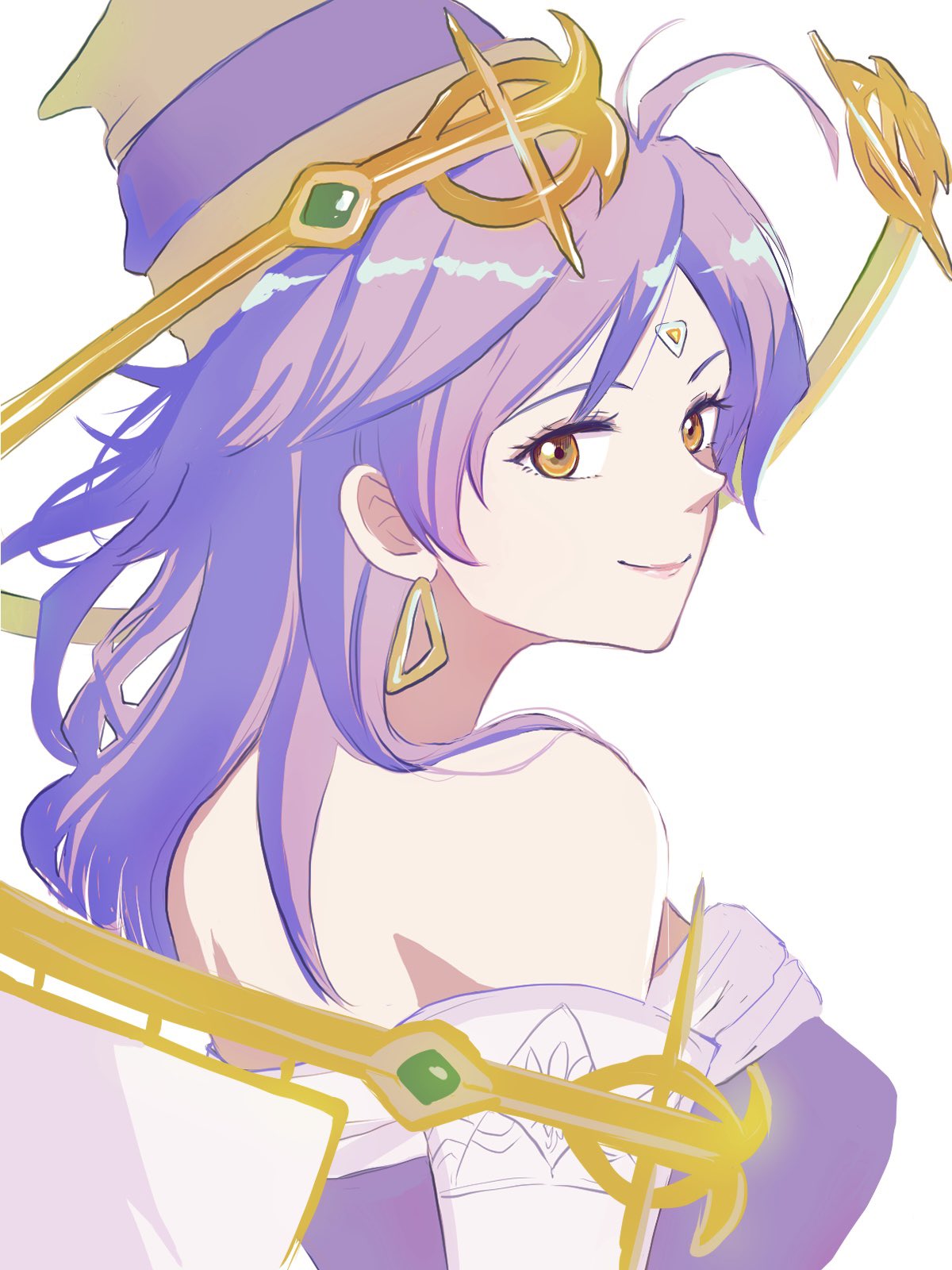1girl artist_request bare_shoulders brown_eyes celine_jules choker closed_mouth earrings elbow_gloves facial_mark forehead_mark gloves grey_background hat highres jewelry long_hair looking_at_viewer pointy_hat purple_hair simple_background smile solo star_ocean star_ocean_the_second_story white_background
