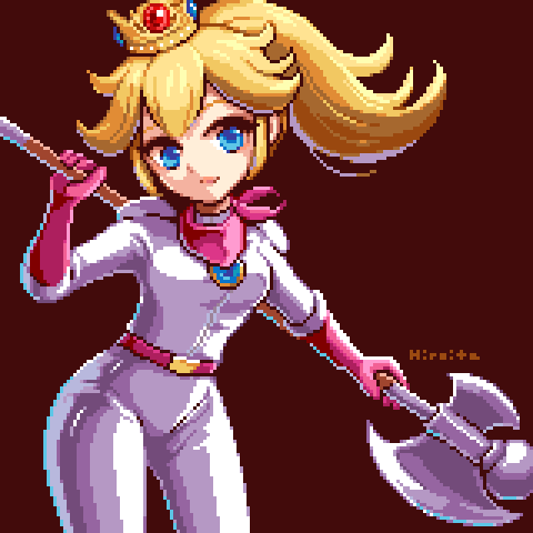 1girl axe bandana belt blonde_hair bodysuit brooch brown_background closed_mouth crown gloves hiroita holding holding_axe jewelry looking_at_viewer lowres pink_bandana pink_belt pink_gloves pixel_art ponytail princess_peach signature solo super_mario_bros. the_super_mario_bros._movie white_bodysuit