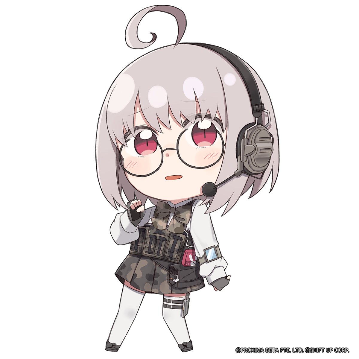 1girl ahoge black-framed_eyewear camouflage camouflage_skirt chibi collared_shirt commentary dress_shirt english_commentary fingerless_gloves full_body glasses gloves goddess_of_victory:_nikke grey_gloves grey_hair hand_up headset highres long_sleeves looking_at_viewer medium_hair official_art open_mouth pouch raised_eyebrows red_eyes ribbon round_eyewear shirt signal_(nikke) skirt solo standing thigh-highs thigh_strap totatokeke white_shirt white_thighhighs