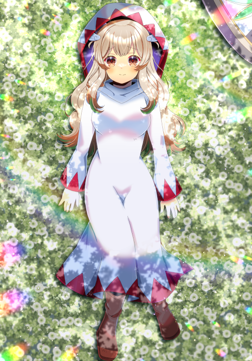 1girl amatsuna_sasaha blush boots breasts brown_eyes brown_footwear brown_hair closed_mouth commentary_request dress field flower flower_field full_body groin hood hood_up indie_virtual_youtuber kou_hiyoyo long_hair long_sleeves looking_at_viewer lying medium_breasts on_back sleeves_past_wrists smile solo very_long_hair virtual_youtuber white_dress white_flower