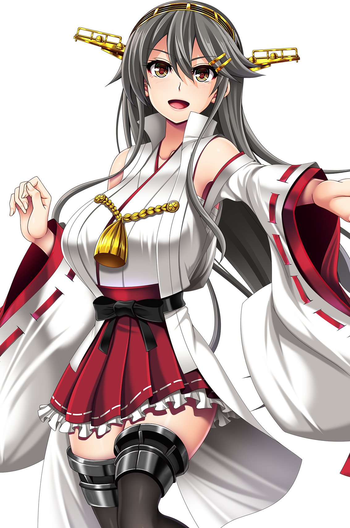 1girl bare_shoulders black_hair black_thighhighs brown_eyes detached_sleeves gold_hairband hair_ornament hairband hairclip hakama haruna_(kancolle) haruna_kai_ni_(kancolle) headgear highres japanese_clothes kantai_collection long_hair looking_at_viewer militia_minpei nontraditional_miko one-hour_drawing_challenge popped_collar red_hakama red_skirt ribbon-trimmed_sleeves ribbon_trim simple_background skirt smile solo thigh-highs white_background