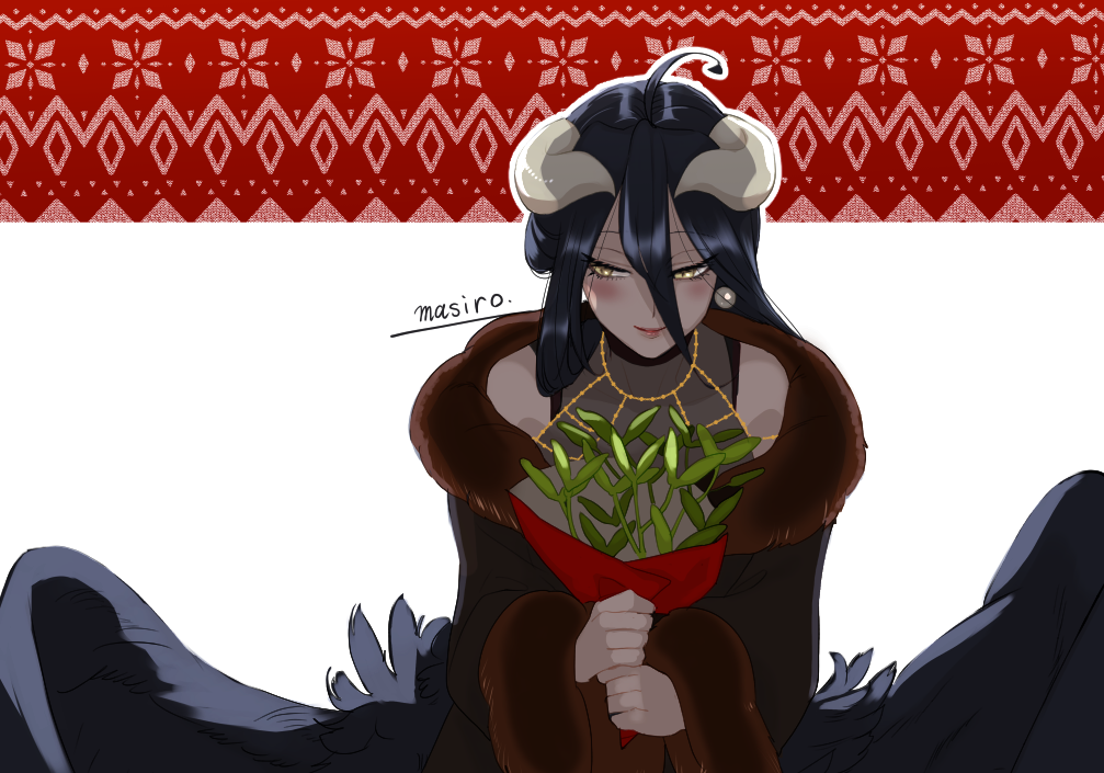 1girl ahoge albedo_(overlord) artist_name black_coat black_feathers black_hair black_wings blush bouquet christmas coat collarbone commentary_request demon_girl demon_horns demon_wings earrings facing_viewer feathered_wings feathers flower_request fur-trimmed_coat fur_trim gold_necklace hair_between_eyes holding holding_bouquet horns jewelry lips long_hair long_sleeves looking_to_the_side low_horns low_wings masiro necklace overlord_(maruyama) parted_lips pearl_earrings red_background see-through simple_background sleeveless slit_pupils smile solo white_background white_horns wide_sleeves wings yellow_eyes